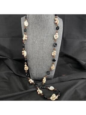 Cookie Lee Beaded Necklace Faux Pearl Shell Brown Ebony Abalone Boho Long